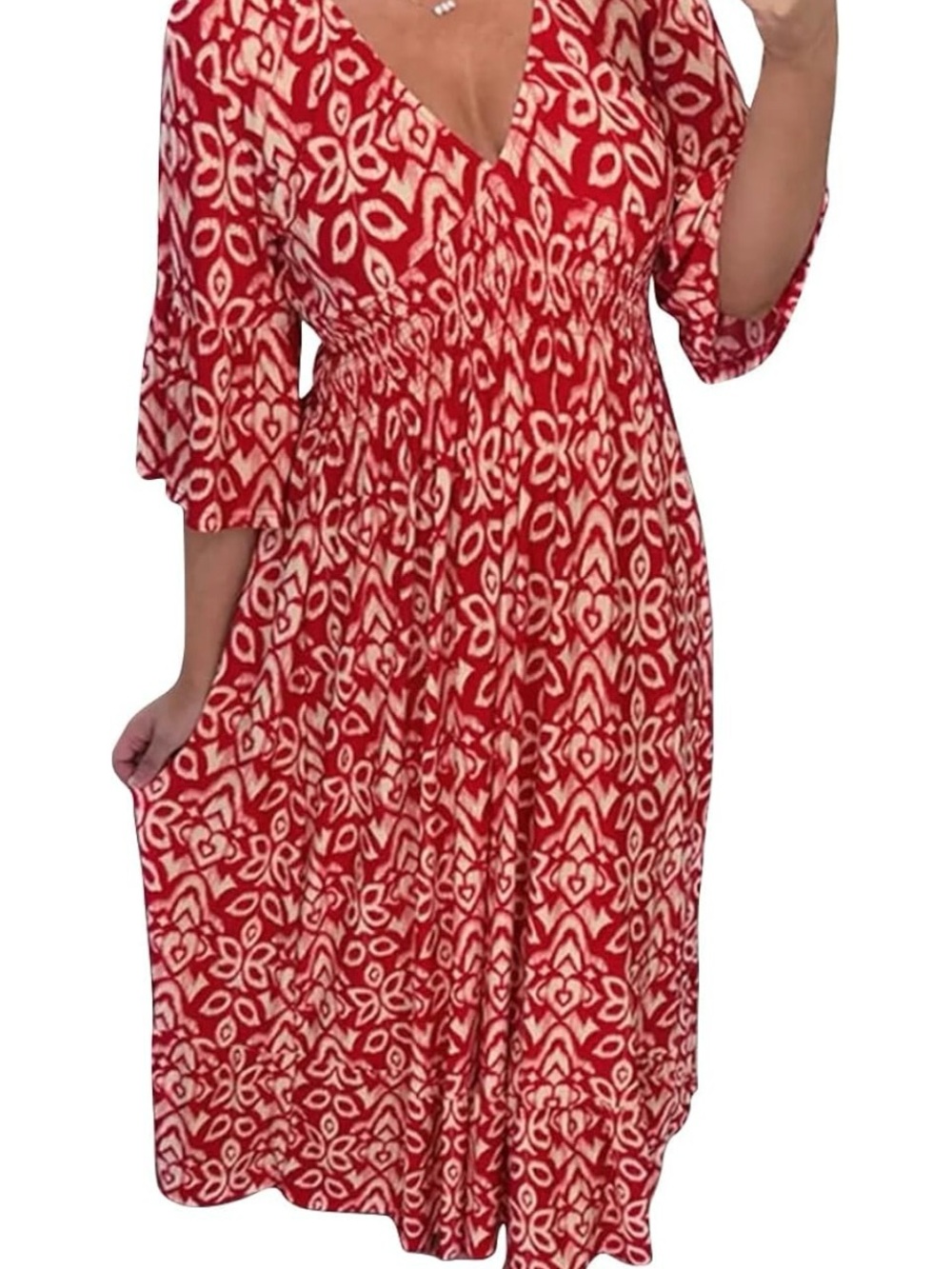 Bohemian Style Soft Flowy Red Design V-Neck Midi Dress Elastic Waist 3/4 Sleeves